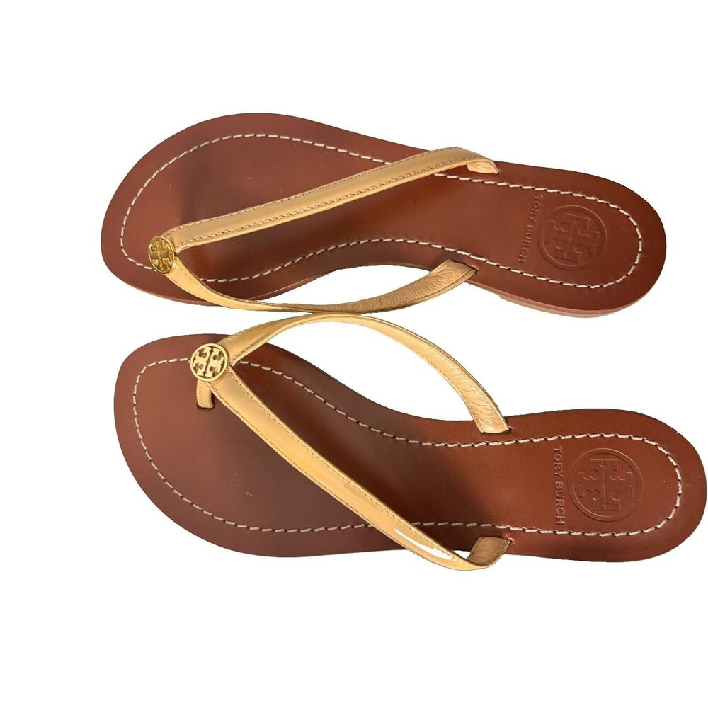 TORY BURCH Terra Patent Leather Flat Thong Flip-Flop Sandals US 6M- Sun Beige